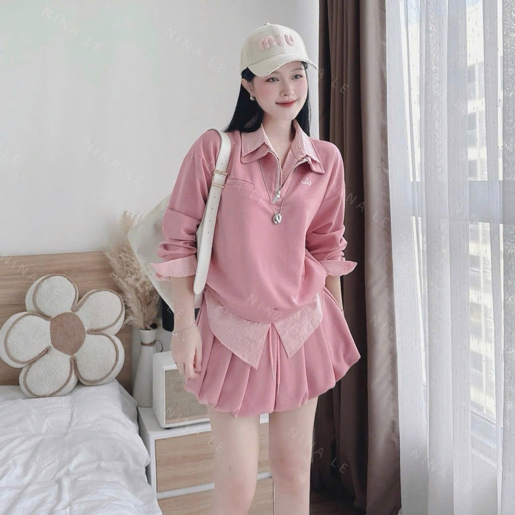 BL1- (HOẢ TỐC) Sét váy nỉ, ao form rộng phối somi mix vasys bí phồng (38-58kg)