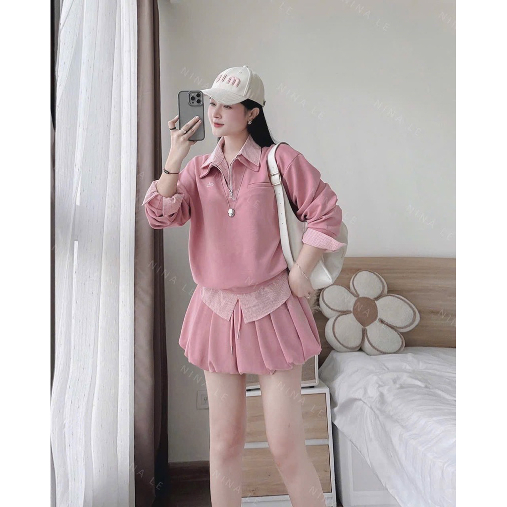 BL1- (HOẢ TỐC) Sét váy nỉ, ao form rộng phối somi mix vasys bí phồng (38-58kg)