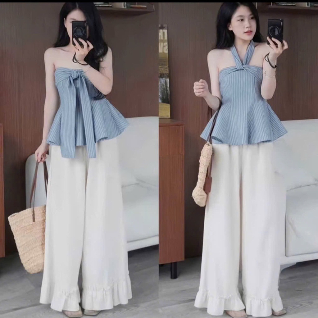 MH44- (Hình thật) Sét bộ Đũi, áo kẻ cúp ngực cổ yếm mix quần đũi lai bèo (38-57kg)