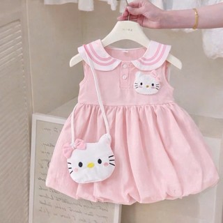 [Tặng kèm túi] Váy cộc tay cổ sen bé gái Hello Kitty, Áo sát nách thiết kế váy bồng đáng yêu thoáng mát - MH6
