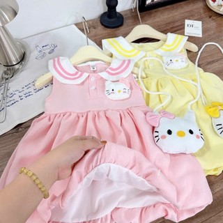 [Tặng kèm túi] Váy cộc tay cổ sen bé gái Hello Kitty, Áo sát nách thiết kế váy bồng đáng yêu thoáng mát - MH6