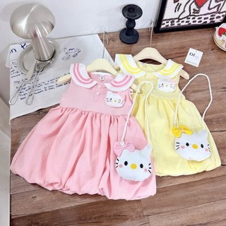 [Tặng kèm túi] Váy cộc tay cổ sen bé gái Hello Kitty, Áo sát nách thiết kế váy bồng đáng yêu thoáng mát - MH6