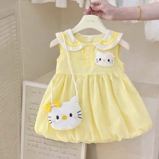 [Tặng kèm túi] Váy cộc tay cổ sen bé gái Hello Kitty, Áo sát nách thiết kế váy bồng đáng yêu thoáng mát - MH6