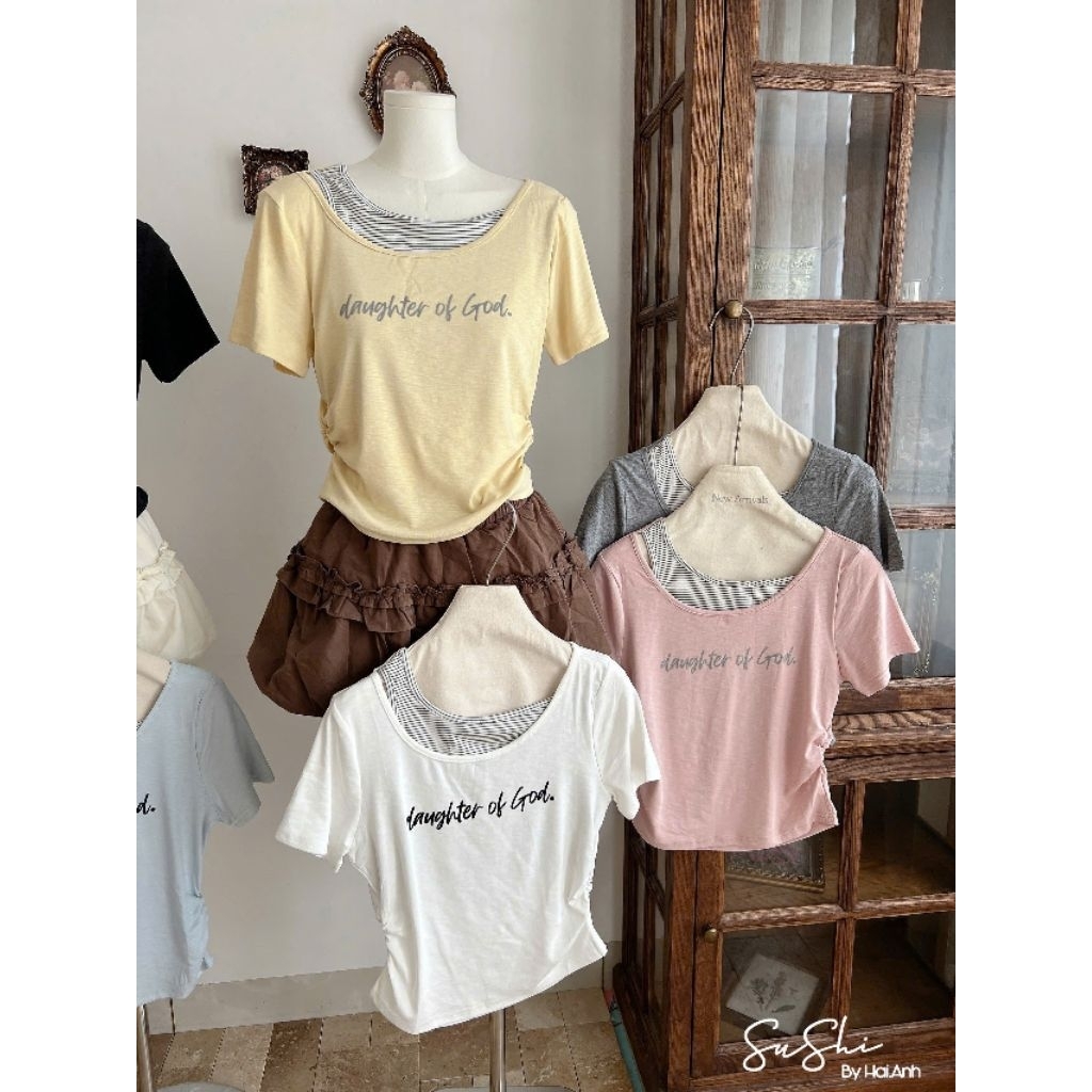 [𝑯𝒂 𝑨𝒏𝒉] Áo Cộc Phông Phối Cổ Nhún Eo QCL1