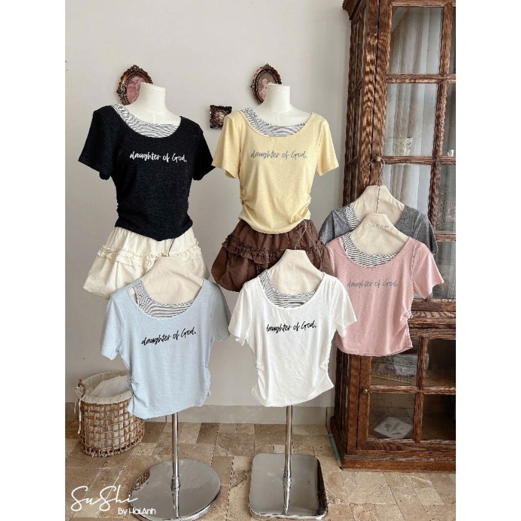[𝑯𝒂 𝑨𝒏𝒉] Áo Cộc Phông Phối Cổ Nhún Eo QCL1