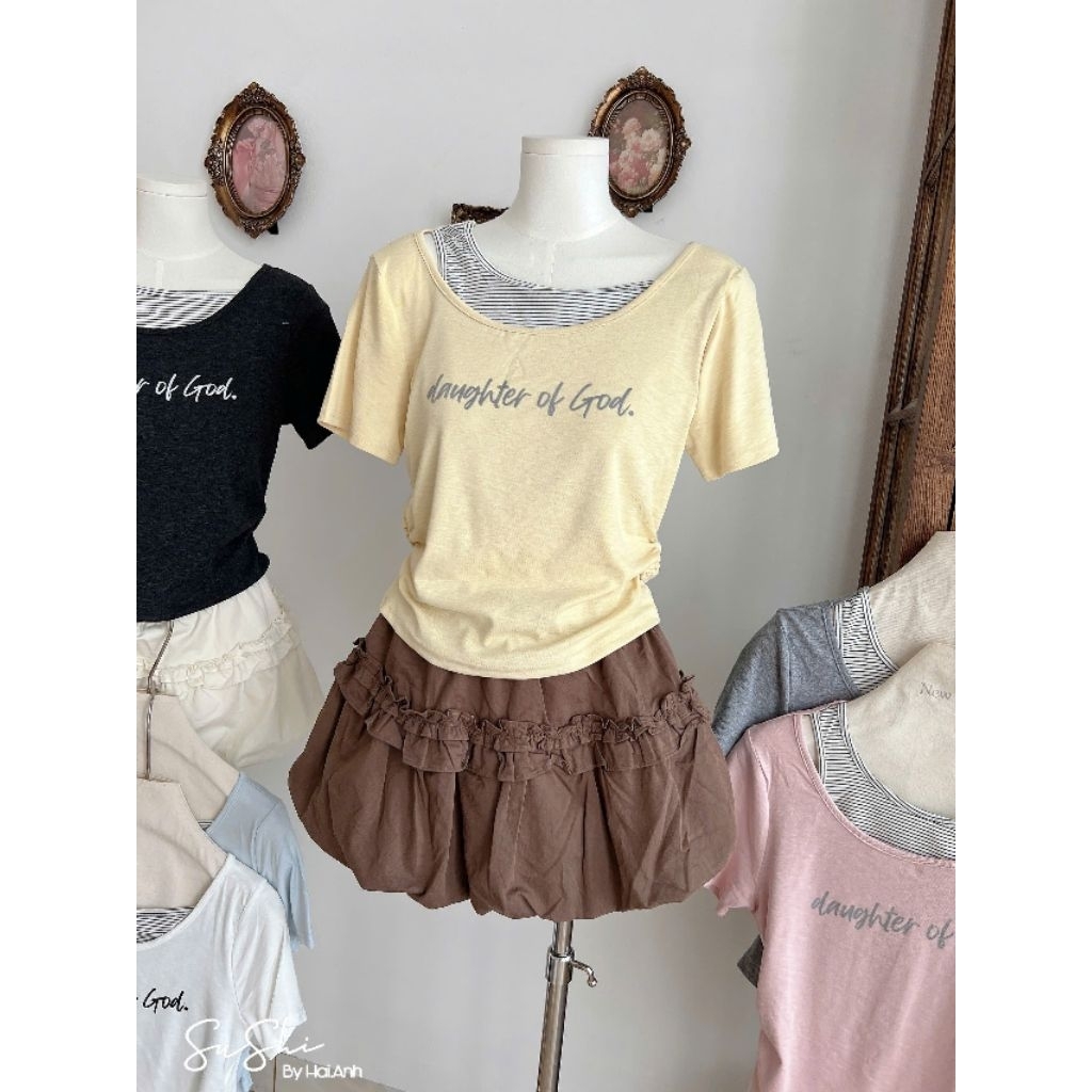 [𝑯𝒂 𝑨𝒏𝒉] Áo Cộc Phông Phối Cổ Nhún Eo QCL1