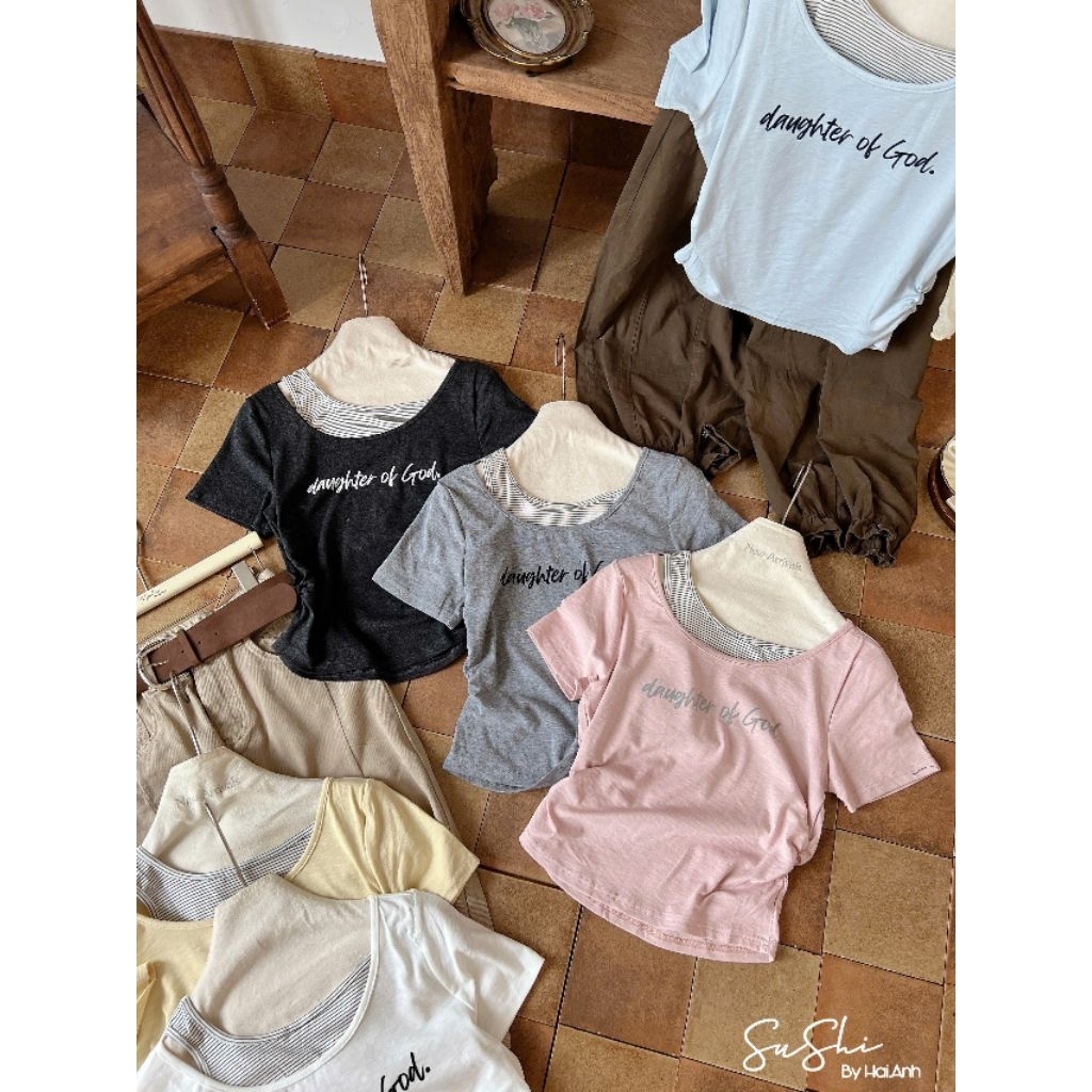 [𝑯𝒂 𝑨𝒏𝒉] Áo Cộc Phông Phối Cổ Nhún Eo QCL1