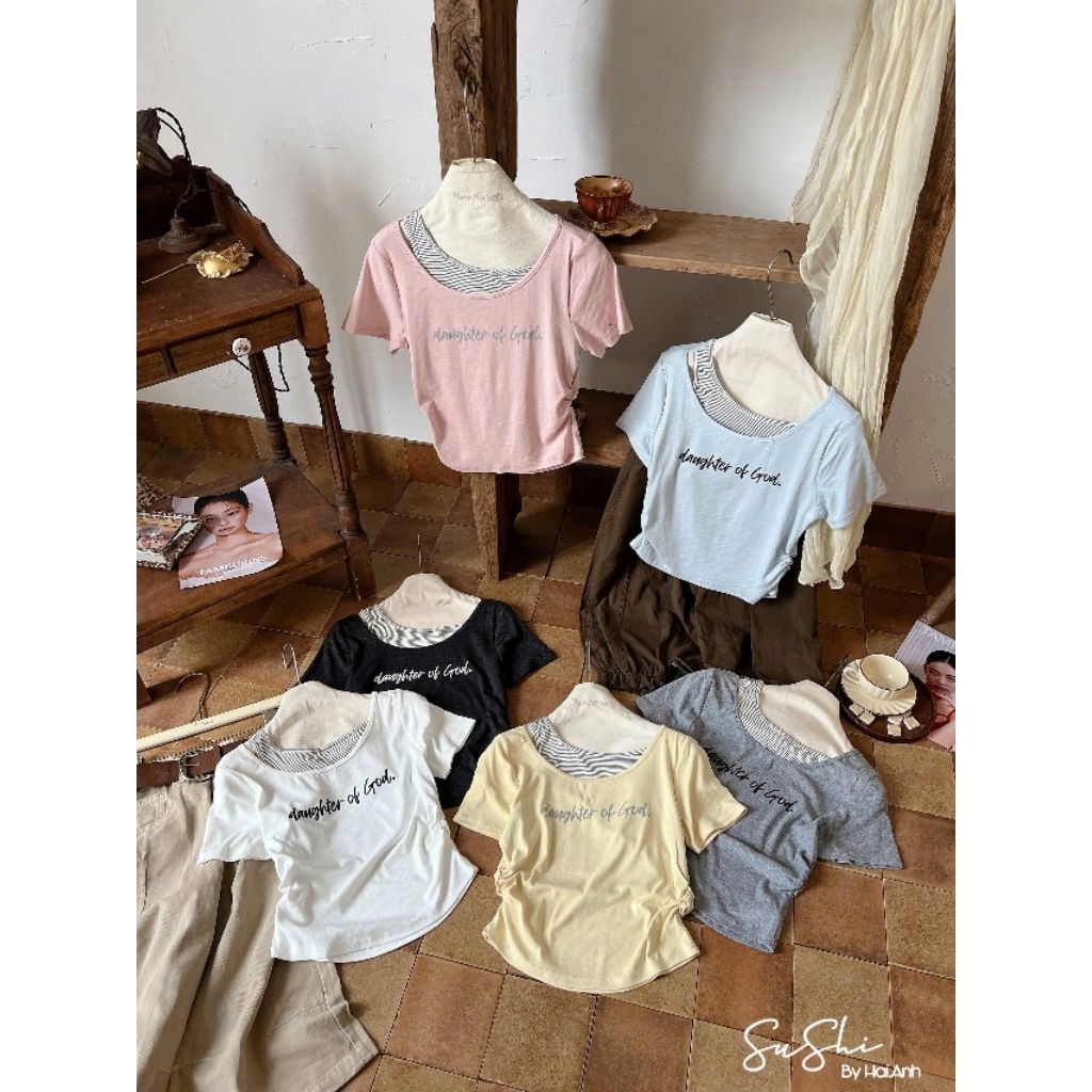 [𝑯𝒂 𝑨𝒏𝒉] Áo Cộc Phông Phối Cổ Nhún Eo QCL1
