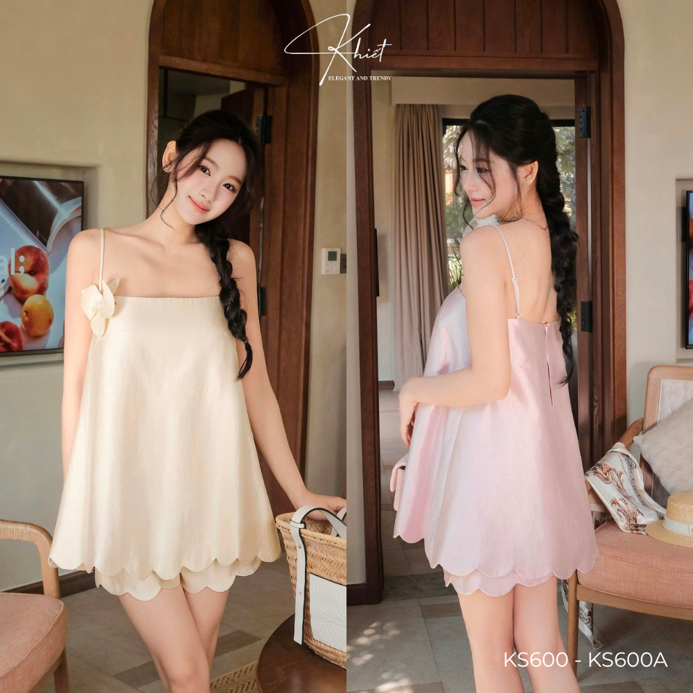Set đầm 2 dây xòe phối quần ngắn chất tafta sang chảnh ngọt ngào, phong cách mùa hè Khiết KS600 & KS600A