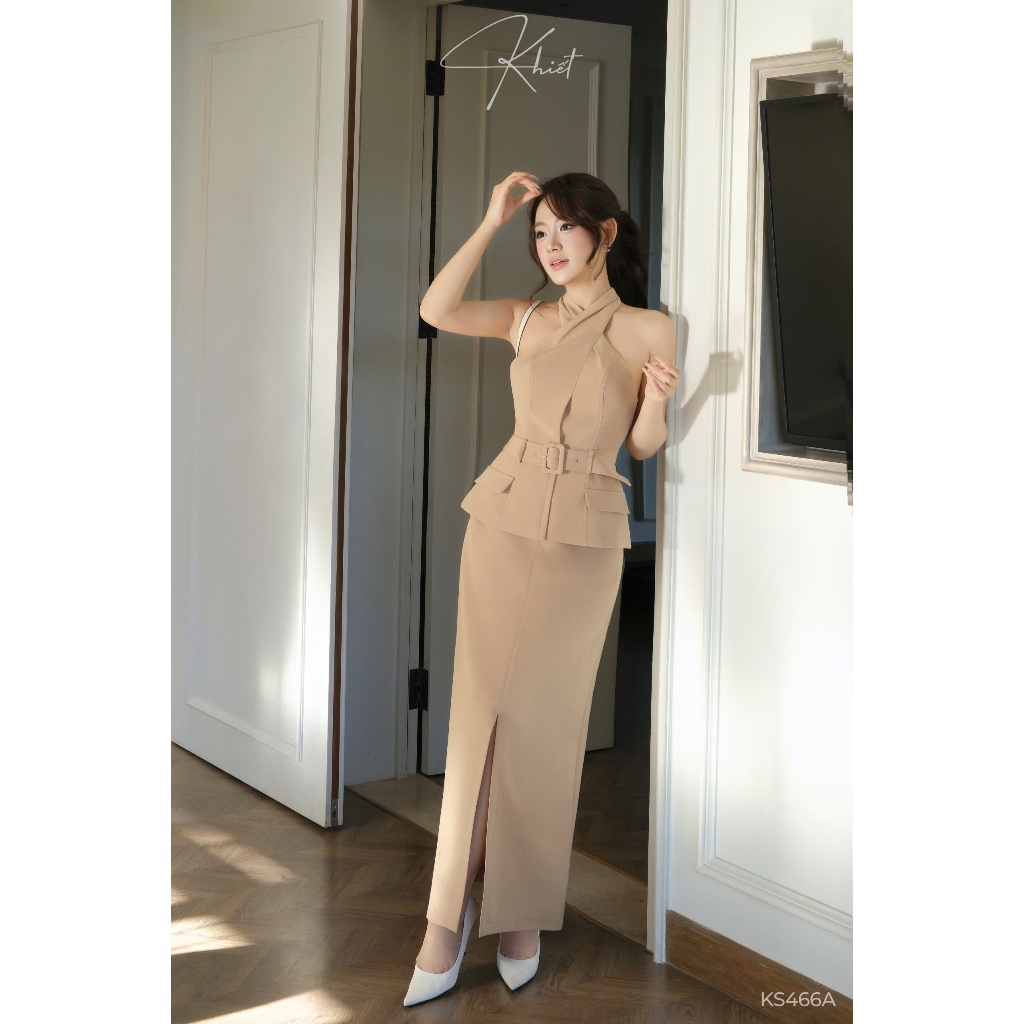Set áo cổ yếm phối belt & chân váy xẻ trước thanh lịch, công sở tiệc nhẹ sang trọng Khiết KS466 KS466A KS466B