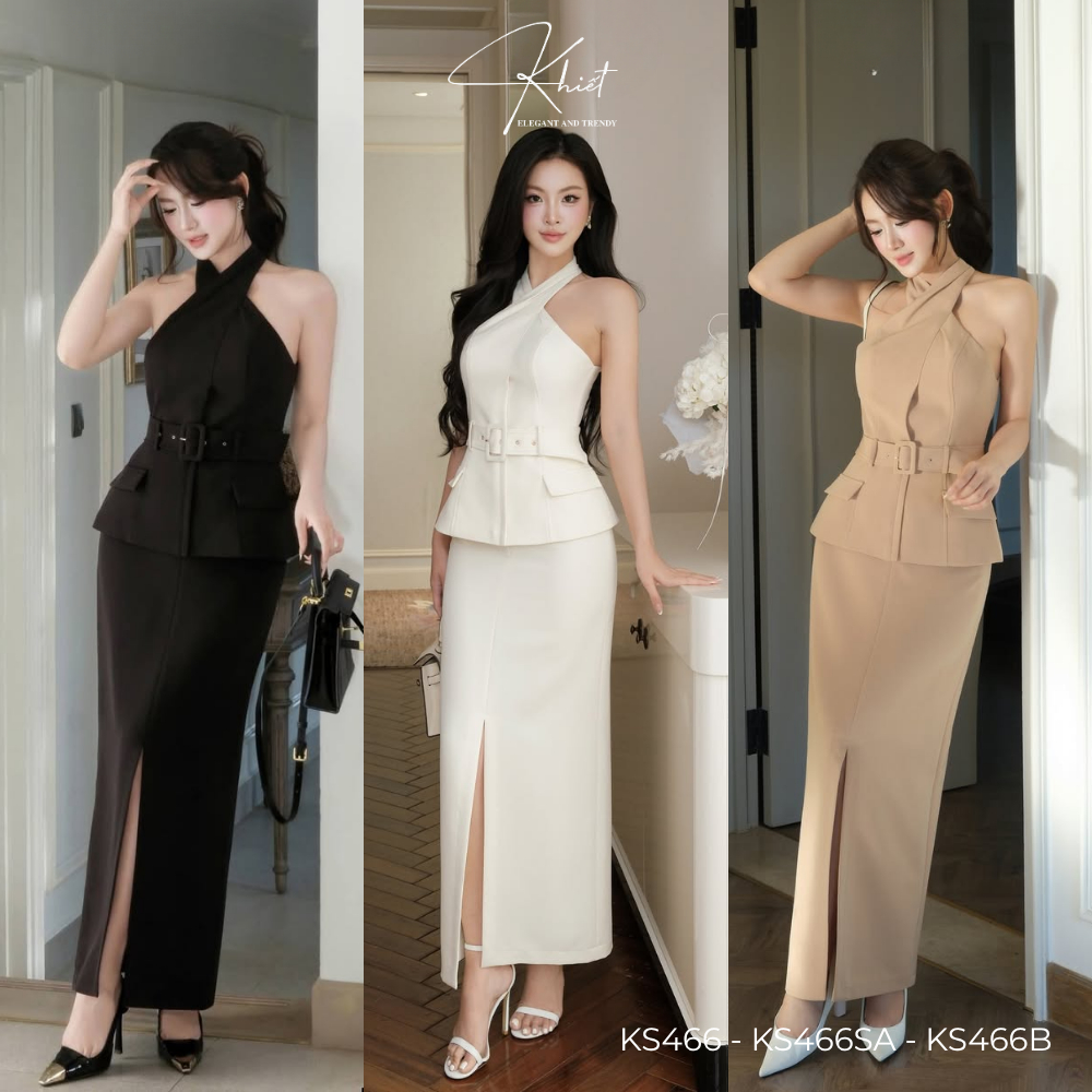 Set áo cổ yếm phối belt & chân váy xẻ trước thanh lịch, công sở tiệc nhẹ sang trọng Khiết KS466 KS466A KS466B