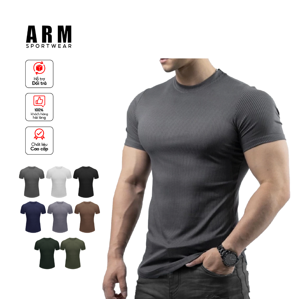 Áo Thun Nam Ngắn Tay Cổ Tròn ARM Chất Thun Gân Tăm Co Giãn, Áo Thể Thao Nam Form Ôm Body tập gym