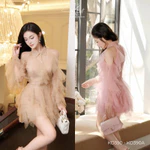 Đầm ngắn Khiết hở vai chất liệu tơ ngọc lam phối lưới layer bồng bềnh phong cách dự tiệc sang chảnh KD390 KD390A — ảnh 1
