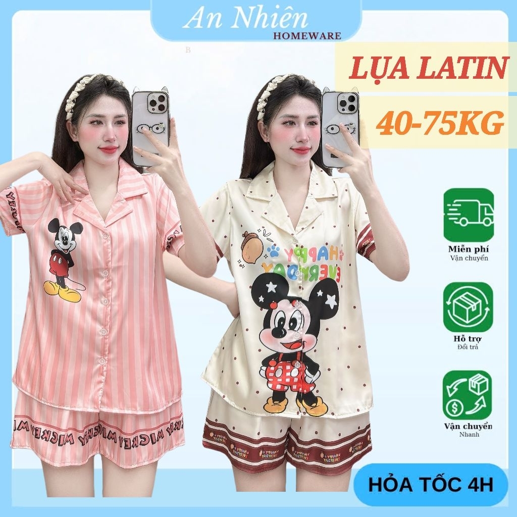 Đồ ngủ nữ 40-75kg, đồ bộ pijama quần đùi vải lụa latin mịn mát in hình sang trọng, đồ ngủ lụa đồ bộ nữ
