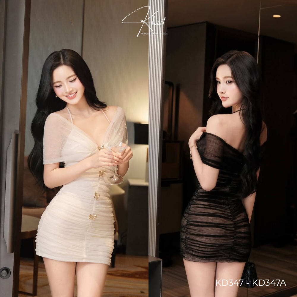 Đầm ngắn Khiết dáng ôm body chất lưới thun đính charm cài bướm ánh vàng phong cách quyến rũ KD347 KD347A