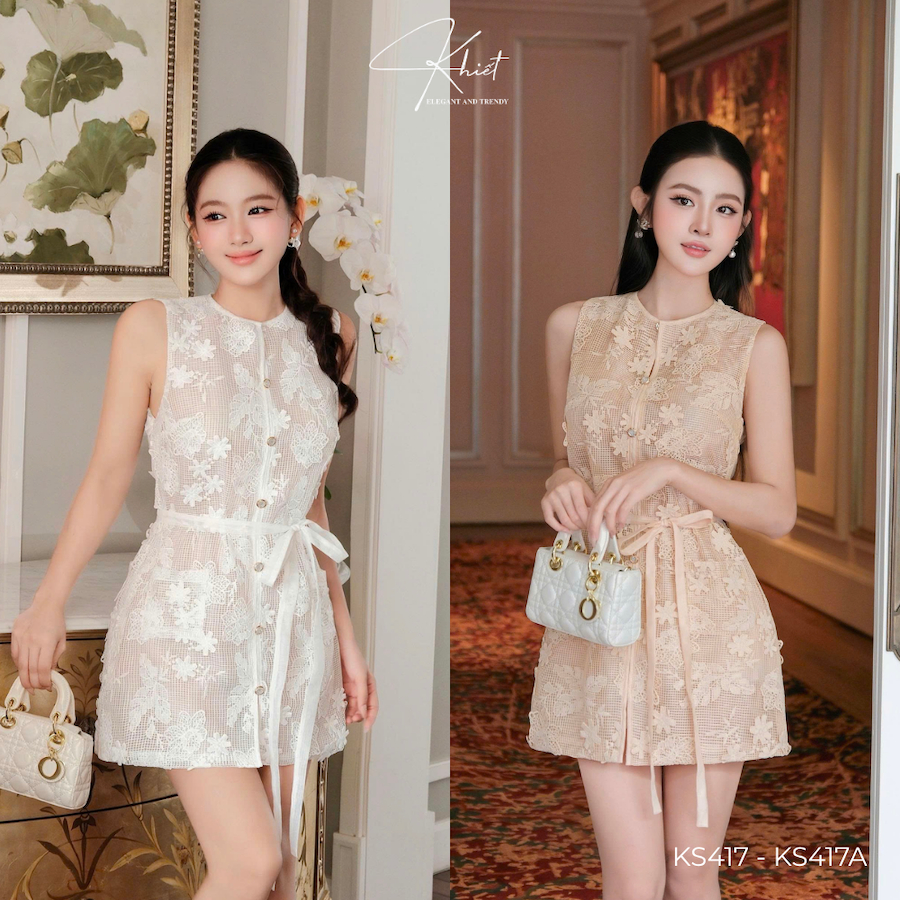 Set đầm ngắn sát nách ren hoa 3D Khiết phối quần lụa ngắn bên trong & dây rời, phong cách tiệc tùng KS417 KS417A