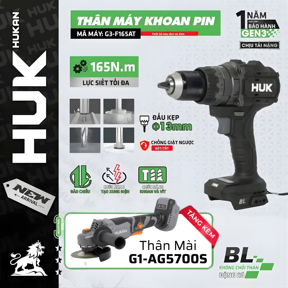 [Tặng mài AG5700S] Khoan Pin HUKAN Gen3 G3-F165AT, Lực Siết 165N.m - ANTI-KICHBACK - TẠO XUNG