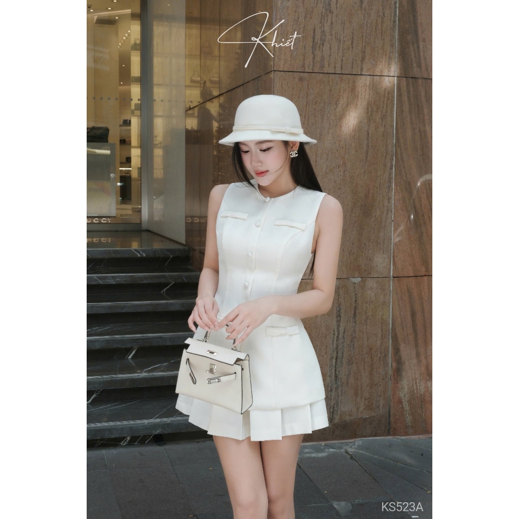 Set áo tweed Khiết Style phối chân váy xếp ly xòe tone hồng pastel ngọt ngào Khiết KS523 KS523A