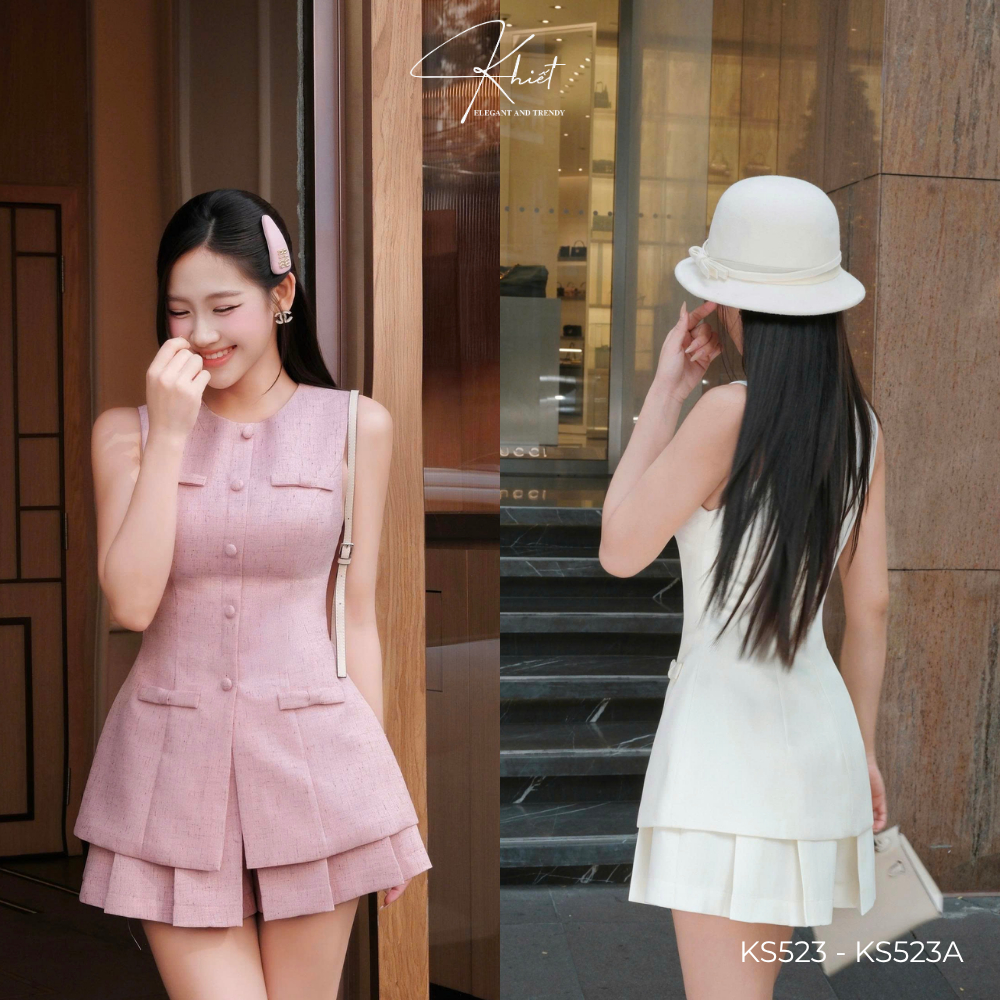 Set áo tweed Khiết Style phối chân váy xếp ly xòe tone hồng pastel ngọt ngào Khiết KS523 KS523A