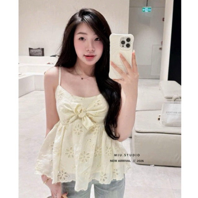 “Lesi Top” Áo ren thêu hoa hai dây gắn nơ tiểu thư sang chảnh, Áo babydoll xoè bồng mặc đi chơi , cafe chụp ảnh sống ảo