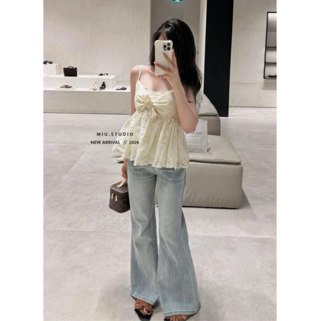 “Lesi Top” Áo ren thêu hoa hai dây gắn nơ tiểu thư sang chảnh, Áo babydoll xoè bồng mặc đi chơi , cafe chụp ảnh sống ảo