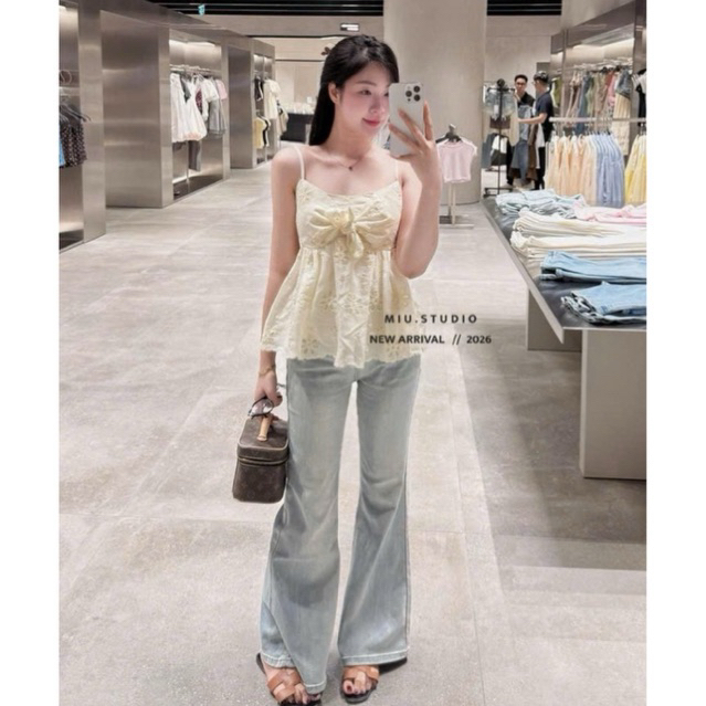 “Lesi Top” Áo ren thêu hoa hai dây gắn nơ tiểu thư sang chảnh, Áo babydoll xoè bồng mặc đi chơi , cafe chụp ảnh sống ảo