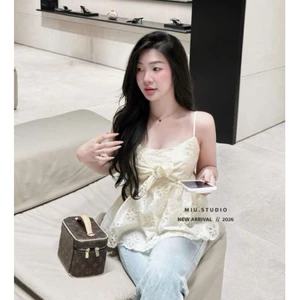 “Lesi Top” Áo ren thêu hoa hai dây gắn nơ tiểu thư sang chảnh, Áo babydoll xoè bồng mặc đi chơi , cafe chụp ảnh sống ảo