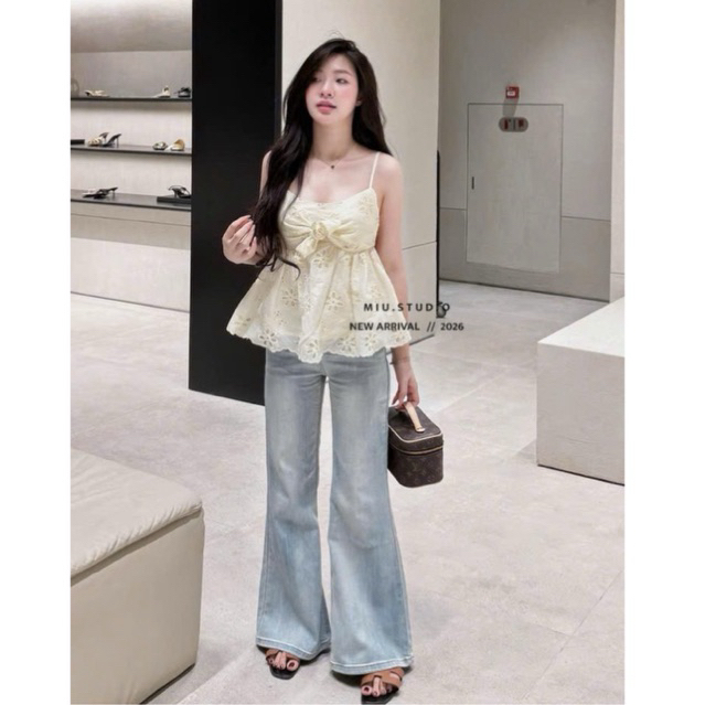 “Lesi Top” Áo ren thêu hoa hai dây gắn nơ tiểu thư sang chảnh, Áo babydoll xoè bồng mặc đi chơi , cafe chụp ảnh sống ảo