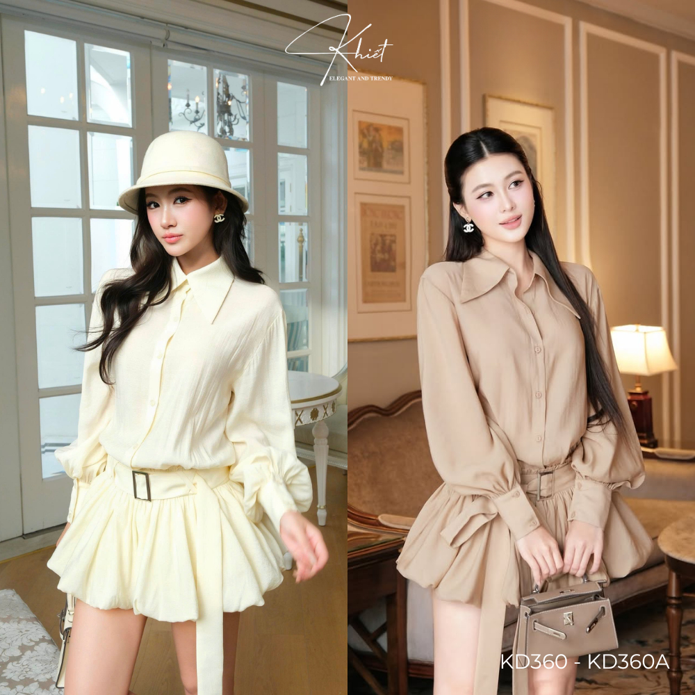 Đầm ngắn Khiết Fashion cổ sơ mi phối chân váy xòe bồng bềnh kèm dây thắt lưng phong cách thanh lịch KD360 KD360A