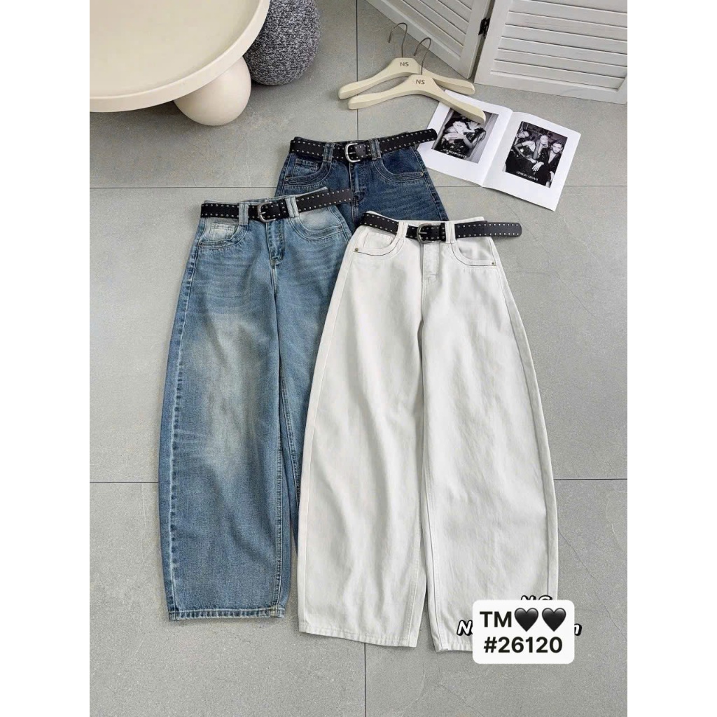 [Sẵn/QC] Quần Jeans Nữ Dáng Ống Cong Thêu Túi Dài 100/25cm Tặng Kèm Đai Basic Dễ Phối #26120