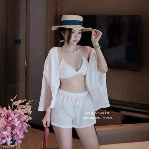 “Reya Set” Set 3 món mặc đi biển cao cấp , Set áo sơmi dài tay phối áo bza kèm quần sooc đũi xước style HQ thanh lịch