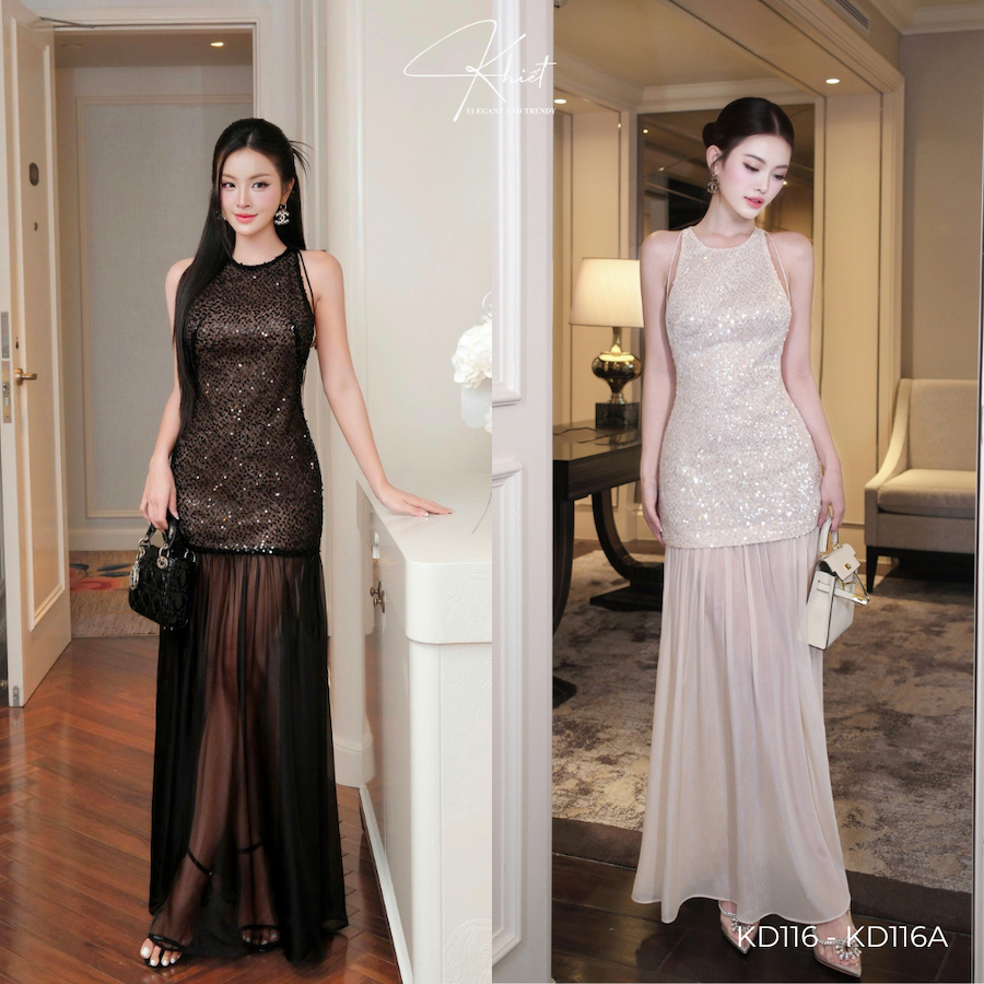 Đầm dài KHIẾT chất ren đính kim sa lấp lánh phối lụa tằm thướt tha, phong cách tiệc tùng sang trọng KD116 KD116A