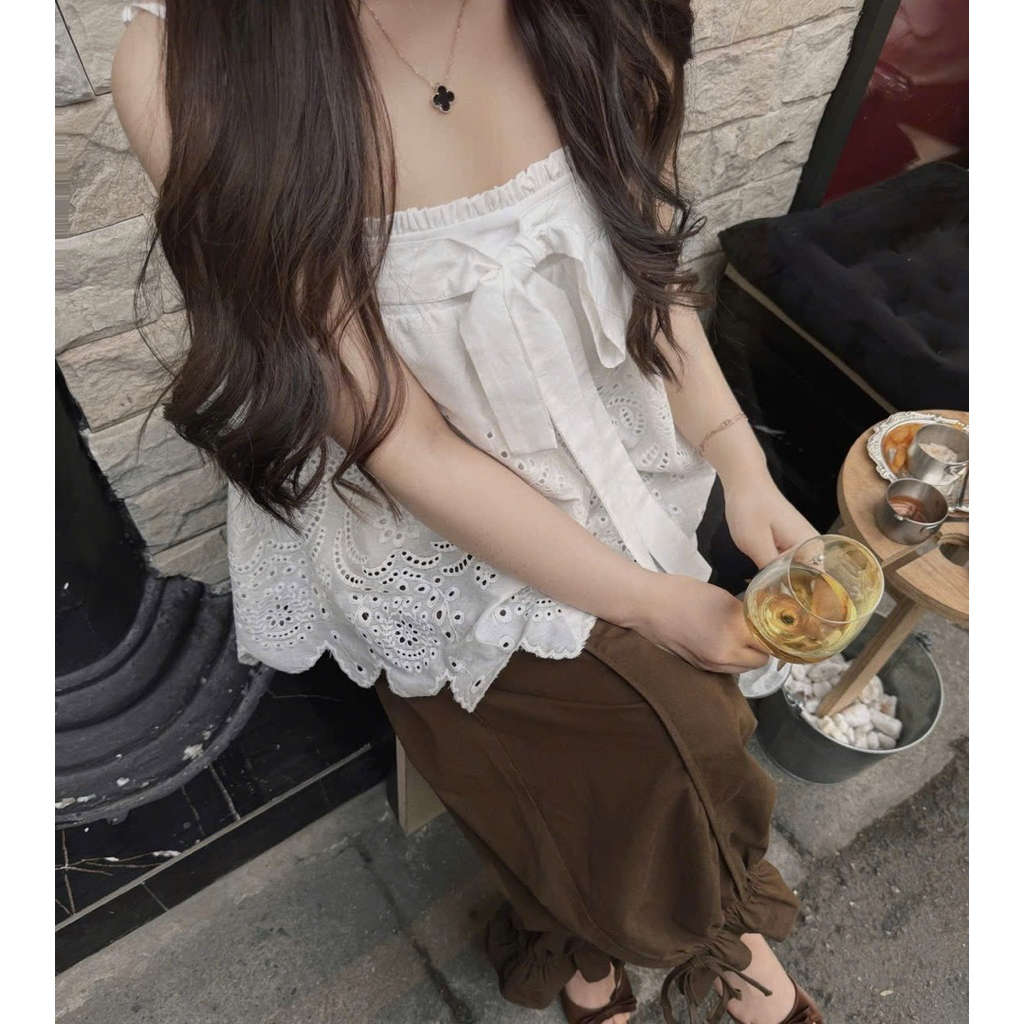 “Beca Set” Set bộ đồ nữ vintage sang chảnh, Set áo 2S chất ren thô đục lỗ kèm quần suông gấu nơ mặc đi chơi, đi cafe