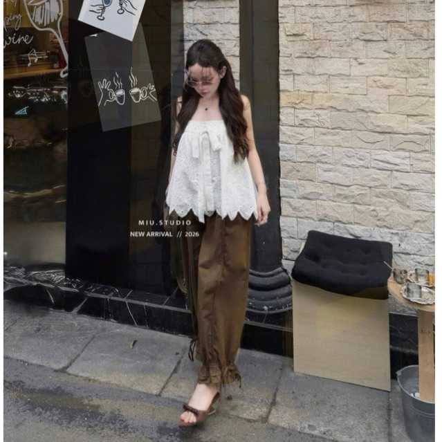 “Beca Set” Set bộ đồ nữ vintage sang chảnh, Set áo 2S chất ren thô đục lỗ kèm quần suông gấu nơ mặc đi chơi, đi cafe