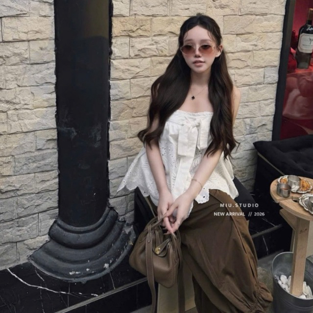 “Beca Set” Set bộ đồ nữ vintage sang chảnh, Set áo 2S chất ren thô đục lỗ kèm quần suông gấu nơ mặc đi chơi, đi cafe