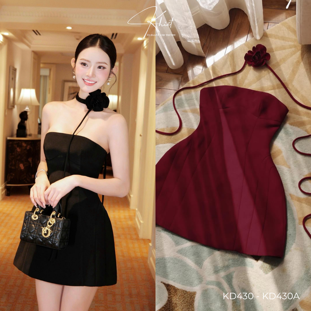 Đầm dáng ngắn Khiết Fashion cúp ng.ực form chữ A phối chocker hoa sang trọng tone đen KD430 KD430A
