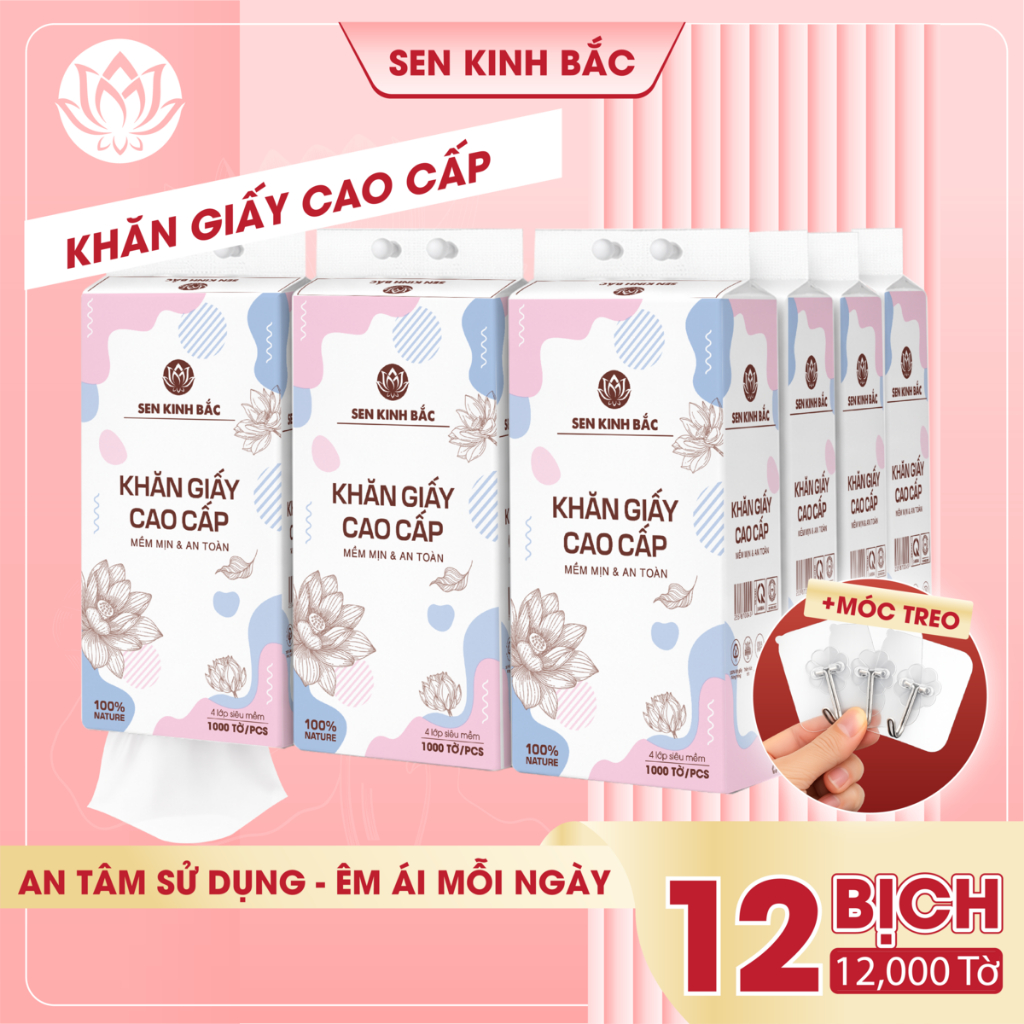 [ COMBO 12 BỊCH ] Giấy rút đáy Sen Kinh Bắc 1000 tờ 4 lớp mềm mịn, giấy đa năng treo tường thành phần bột gỗ tự nhiên