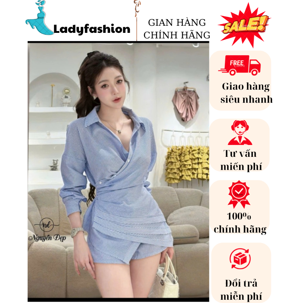 Set Áo Sơ Mi Sọc Xanh Mix Quần Short Giả Váy Thiết Kế Sang Chảnh - Bộ Đồ Nữ Công Sở Dạo Phố Cao Cấp Phong Cách Hàn Quốc