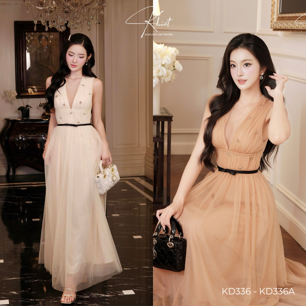 Đầm dự tiệc Khiết form váy xòe công chúa đính đá lấp lánh, lưới Milam tone nâu sang trọng KD336 KD336A