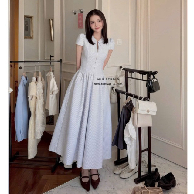 Đầm cổ đức dáng dài cộc tay chiết eo thanh lịch sang chảnh , Váy công sở thiết kế hoạ tiết kẻ sọc phối khoá kéo cao cấp