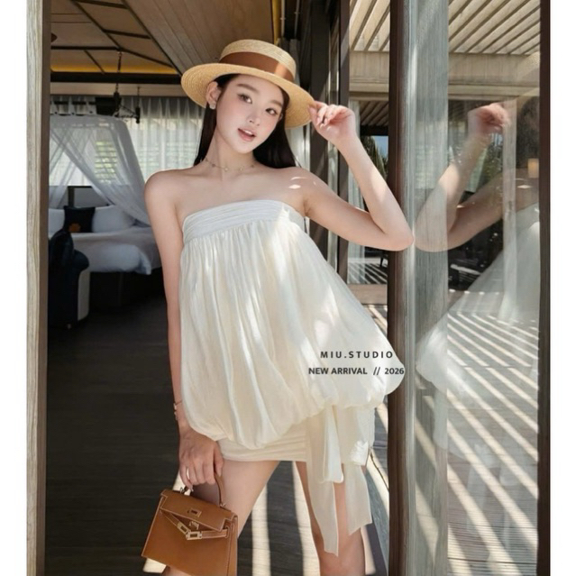 MIU.STUDIO • Váy quây cup ngực tiểu thư dáng bí bồng xoè phối chân ngắn thắt nơ ôm body sang chảnh ,chất liệu tơ cao cấp