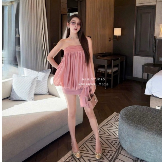 MIU.STUDIO • Váy quây cup ngực tiểu thư dáng bí bồng xoè phối chân ngắn thắt nơ ôm body sang chảnh ,chất liệu tơ cao cấp