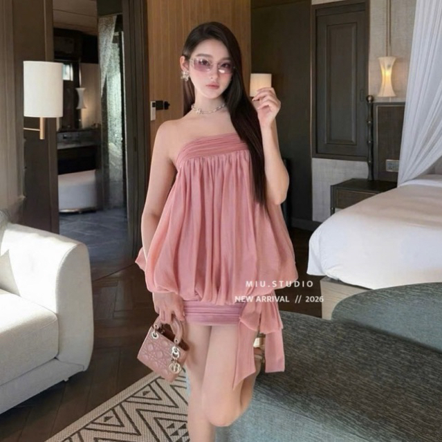 MIU.STUDIO • Váy quây cup ngực tiểu thư dáng bí bồng xoè phối chân ngắn thắt nơ ôm body sang chảnh ,chất liệu tơ cao cấp