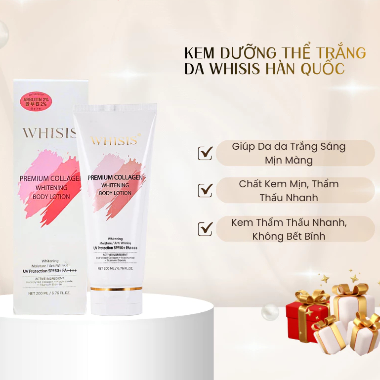 Kem Body WHISIS Trắng Da Chống Nắng Nâng Tone Trắng Hồng Rạng Rỡ Whitening Body Lotion 200ml