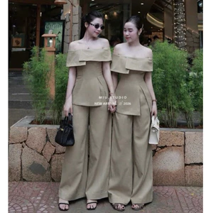 MIU.STUDIO • Set bộ nữ chất liệu linen cao cấp ,Set áo trễ vai phối tà cách điệu kèm quần ống suông trẻ trung thanh lịch