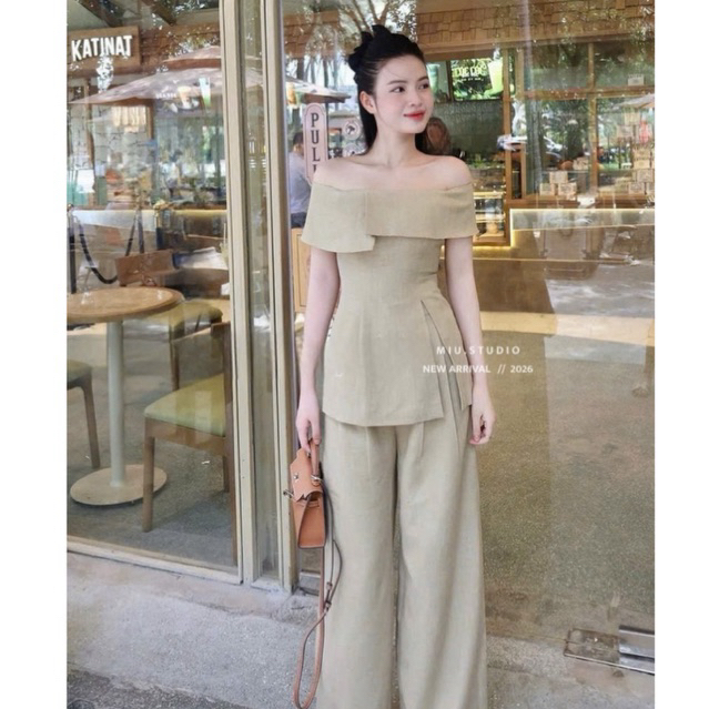 MIU.STUDIO • Set bộ nữ chất liệu linen cao cấp ,Set áo trễ vai phối tà cách điệu kèm quần ống suông trẻ trung thanh lịch