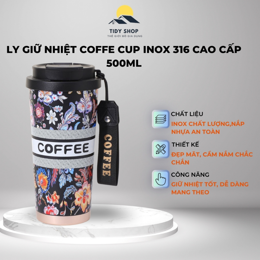 Ly Giữ Nhiệt Coffee Cup Inox 316 500ml, TIDY SHOP Cốc Giữ Nhiệt Có Quai Xách, Bình Giữ Nhiệt Cà Phê Nắp Kín Tiện Lợi