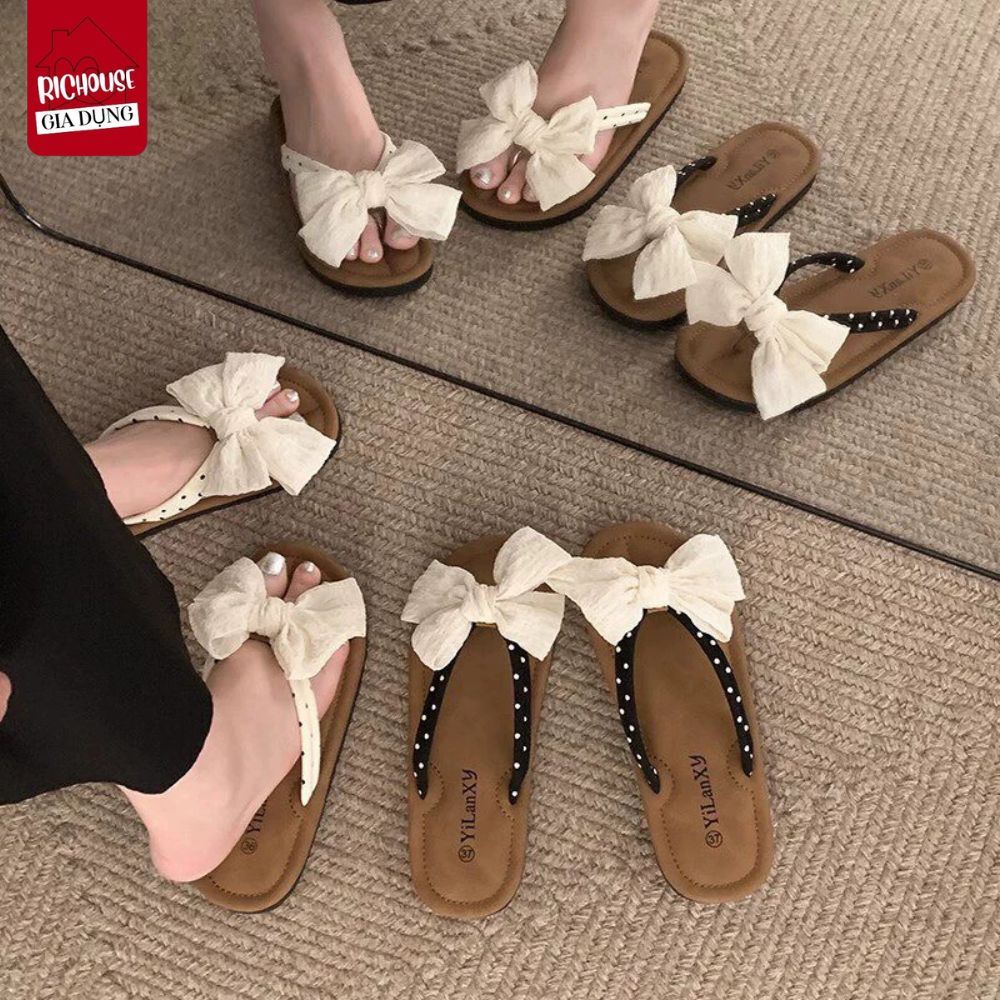 Dép Xỏ Ngón Nữ Hoạ Tiết Nơ Vải Chấm Bi Xinh Xắn, Dép Đế Xuồng Đi Biển Êm Ái, Chống Trơn Trượt