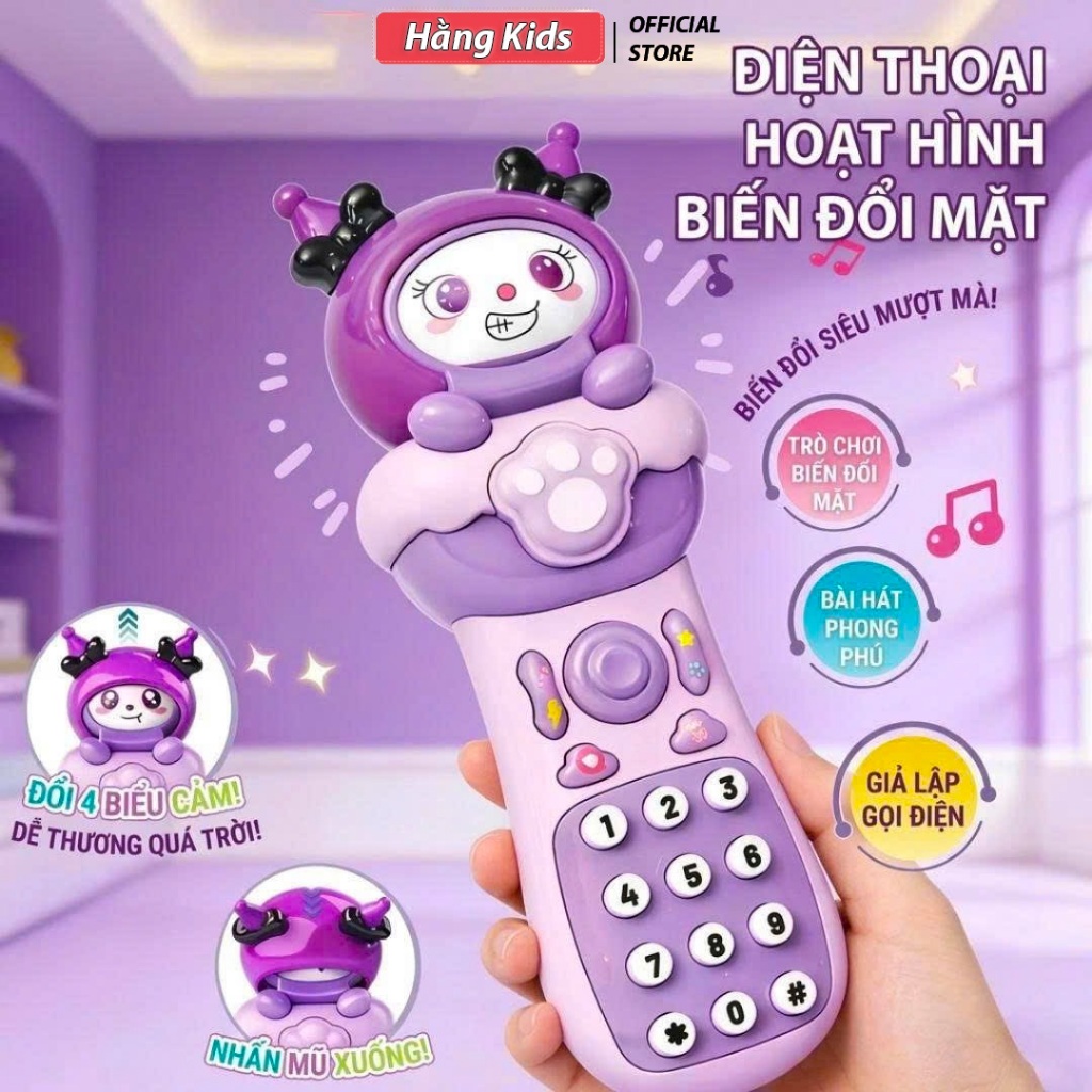 Điện thoại đồ chơi cho bé biến đổi khuôn mặt có âm thanh, nhạc vui nhộn, màu tím cute, siêu đáng yêu