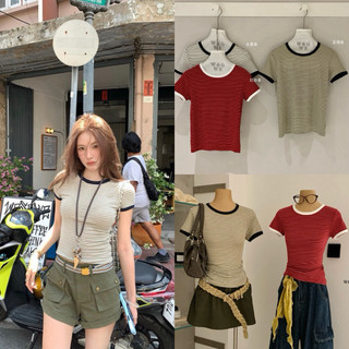 𝐏𝐡𝐢𝐞𝐧𝐖𝐆𝐖𝐄 | (Sẵn) w9173 Áo Thun Kẻ Ngang Viền Màu Cổ Tròn Bo Ôm Người